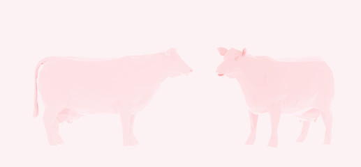 Romantic Cow. Set of Pink Cows on Feminine Background. Low Poly Valentines Vector 3D Rendering