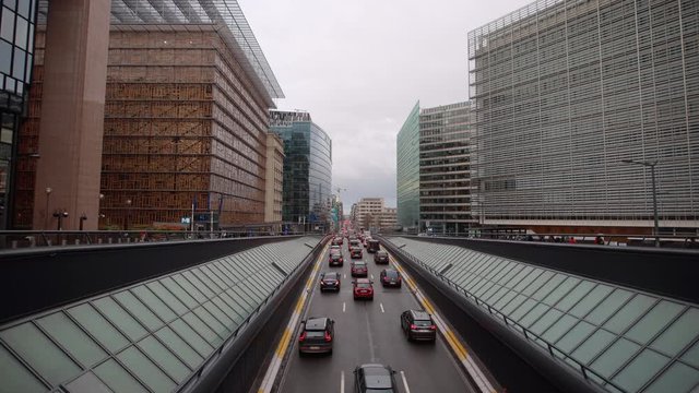 brussel road Schuman Square european commission bruxelles cityscape timelapse from european parliament