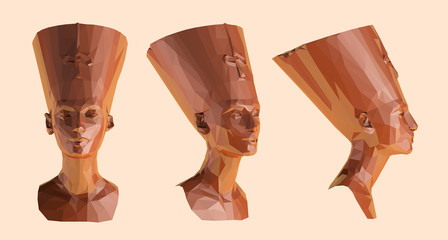 Chocolate Egyptian Queen Nefertiti. Set of Brown Shiny Cleopatra Sculptures on Isolated Background. Low Poly Vector 3D Rendering