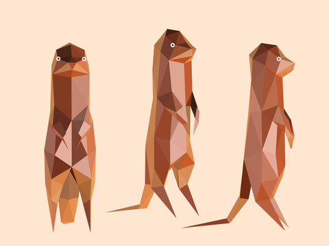 Clay Meerkat. Set of Brown Shiny Meerkats on Isolated Background. Low Poly Vector 3D Rendering