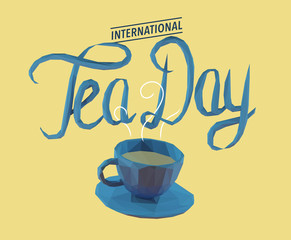 Blue International Tea Day Illustration on Yellow Background. Low Poly Vector 3D Rendering