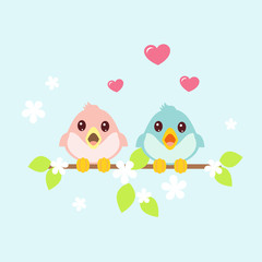 Fototapeta na wymiar Couple of birds sing songs on branch with green leaves and white flowers. Vector illustration for Valentine's Day greeting card design..