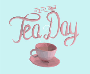 Pink Pastel International Tea Day Illustration on Isolated Blue Background. Low Poly Vector 3D Rendering