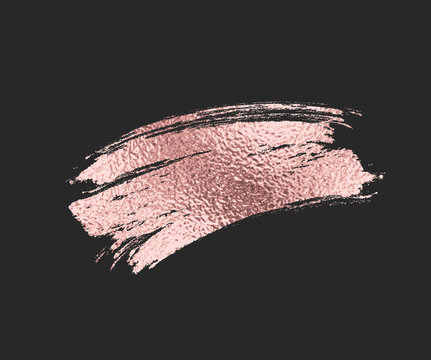 Gold Rose Foil Brush Stroke. Pink Sparkle Metallic Grunge Or Smudge Paint Texture Isolated On Black Background. Vector Golden Glitter Brushstroke Pattern..