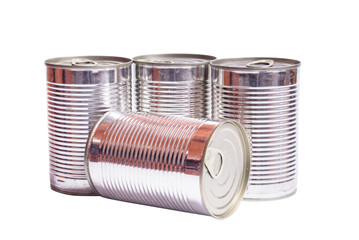 Set of metal tin cans on white background, isolated
