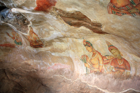 The Sigiriya Cloud Maidens, frescos from the 5th century AD, at the well known Lion Rock in Sigiriya in Central Province of Sri Lanka