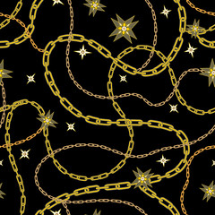 vector seamless golden metallic chains pattern with gemstones on blackbackground.