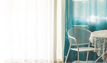 minimalism vintage style interior wallpaper pattern bright indoor view room table and chair on white and aquamarine curtains background, empty copy space for your text here