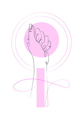 International woman day diversity raised fist strong girl power concept. Woman power flat design. Hand fist on white background with pink spots. One line continuous art