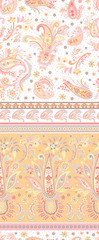 vector seamless decorative ethnic paisley pattern with floral motif and horizontal border. Traditional indian pattern, multicolor ornamental oriental print