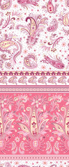 vector seamless decorative ethnic paisley pattern with floral motif and horizontal border. Traditional indian pattern, multicolor ornamental oriental print