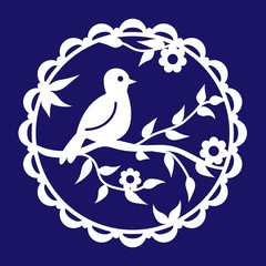 Laser cutting template. The lace medallion is composed of flowers, leaves, branch, bird. Stencil of circle frame. Decorative silhouette to paper cutout.