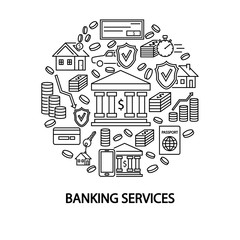 Banking services circle template flat line icons. Concept for web banners and printed materials