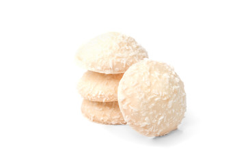 Biscuit cookies with coconut filling isolated on white background.