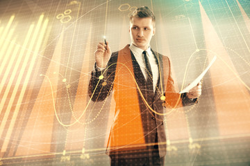 Businessman and forex graph hologram. Double exposure. Concept of financial education and analysis