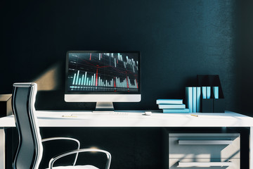 Cabinet desktop interior with financial charts and graphs on computer screen. Concept of stock market analysis and trading. 3d rendering.