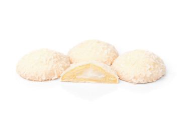 Biscuit cookies with coconut filling isolated on white background.