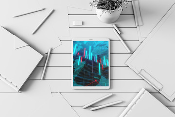 Digital tablet closeup top view with financial graph and partial world map on screen. Online international trading application concept. 3d rendering.