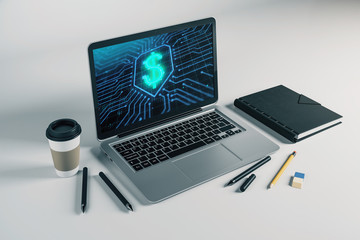 Laptop closeup with business theme drawing on computer screen. 3d rendering.