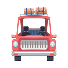 Car Travel Cartoon Flat Design with Luggage on top. Vector