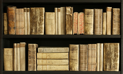 vintage books on wooden shelf.