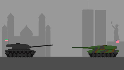 trade war concept. soldier warrior tank united states and iran flag stay face to face and silhouette building background. vector illustration eps10