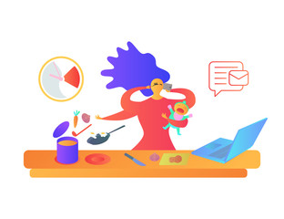 Housewife at kichen with baby. Busy mother with baby, multitasking woman. Motherhood cartoon flat illustration. Vector