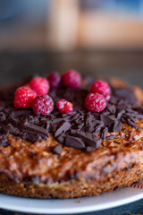 Delicious vegan raspberry chocolate cake, with copy space