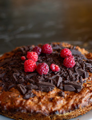 Delicious vegan raspberry chocolate cake, with copy space