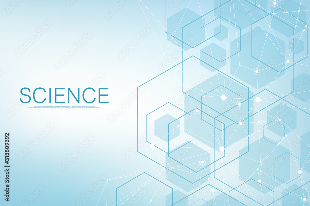 Poster Hexagons abstract background with geometric shapes. Science, technology and medical concept. Futuristic background in science style. Graphic hex background for your design. Vector illustration.