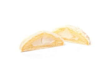 Biscuit cookies with coconut filling isolated on white background.