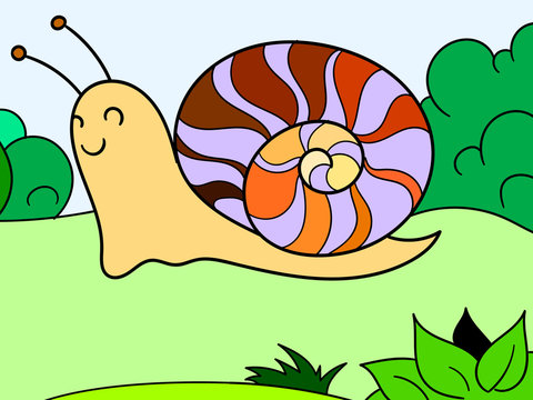 Children color, slug. Snail in the nature. Vector