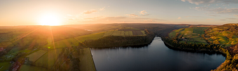 Aerial Panorama shot of the Peak District National Park, English Countryside during a beautiful...