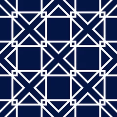 Foto op Plexiglas Donkerblauw Geometrische vierkante print. Wit patroon op donkerblauwe naadloze achtergrond