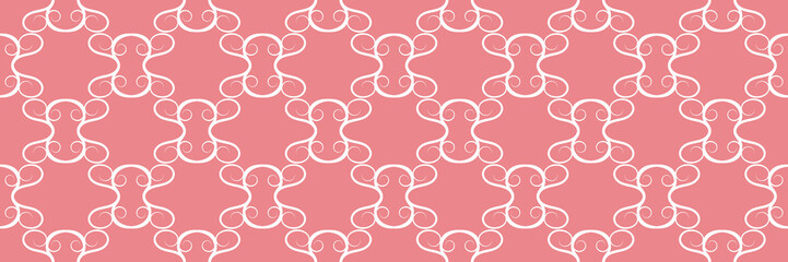 Abstract long seamless pattern. White ornament on bright pink background