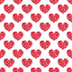 Red glitter shiny heart seamless pattern. Glossy sparkles shape abstract background. Vector illustration for print, paper, design, fabric, decor, valentines gift wrap