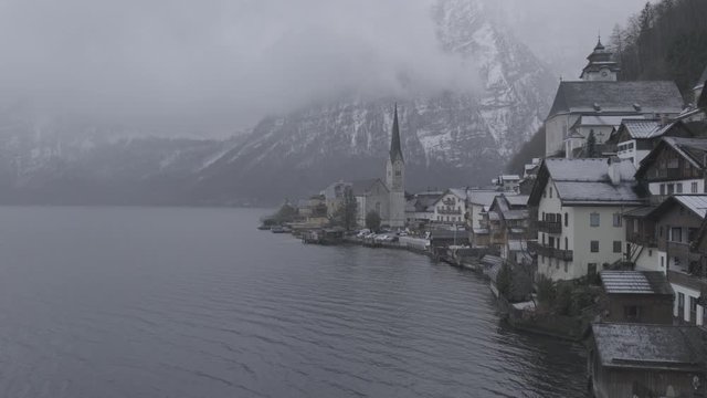 romantic view of Hallstatt in winter time, 4k, s-log