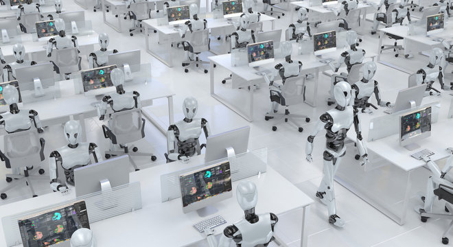 Many identical clone robots work in the office sitting at desks with computers. Future concept without people with smart robotics and artificial intelligence. 3D rendering.