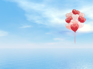 Fototapeta premium Bunch of heart balloons flying in the sky - 3D render