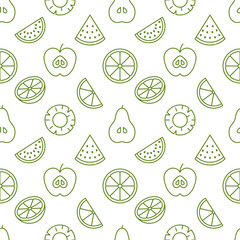 Fruit background, abstract food seamless pattern. Fresh fruits wallpaper with apple, banana, watermelon, lemon line icons. Vegetarian grocery vector illustration, green white color