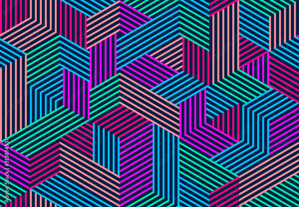 Wall mural seamless isometric lines geometric pattern, 3d cubes vector tiling background, architecture and cons