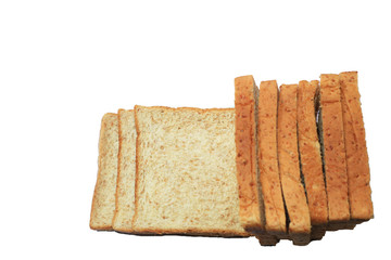 Close up image of cut of loaf bread on white against white background