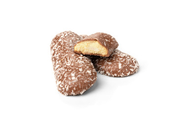 Chocolate cookies with coconut isolated on white background.