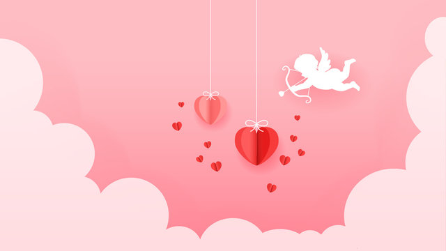 Valentine illustration of paper hearts on pink sky	