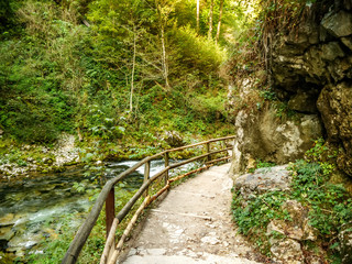 View on walk path at the Vintgar Gorge waterfall in Slovenia