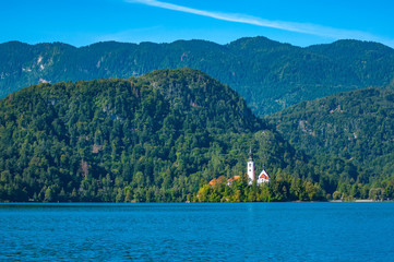 View on the Pilgrimage Church of the Assumption of Maria on the Lake Bled.