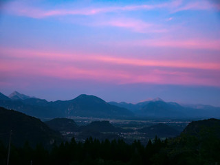 View on the beautiful sunrise over the majestic hills with the Lake Bled in Slovenia