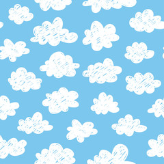 Seamless pattern with funny clouds in doodle style on blue background. Hand drawn illustration cartoon sky. Creative art work. Actual vector weather drawing