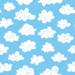 Fotobehang Naadloze wolken Seamless pattern with funny clouds in doodle style on blue background. Hand drawn illustration cartoon sky. Creative art work. Actual vector weather drawing  © pomolchim