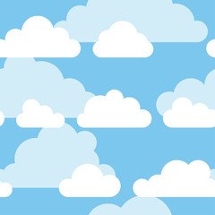 Seamless pattern with funny clouds in cartoon style on blue background. Hand drawn illustration  sky. Creative art work. Actual vector weather drawing